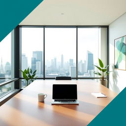 A professional business cover photo design featuring a modern office environment with a large window overlooking a city skyline