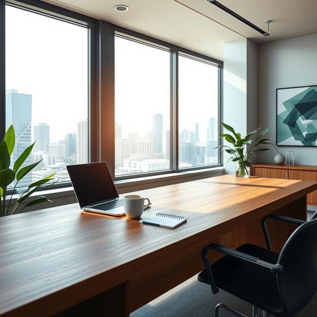 A professional business cover photo design featuring a modern office environment with a large window overlooking a city skyline