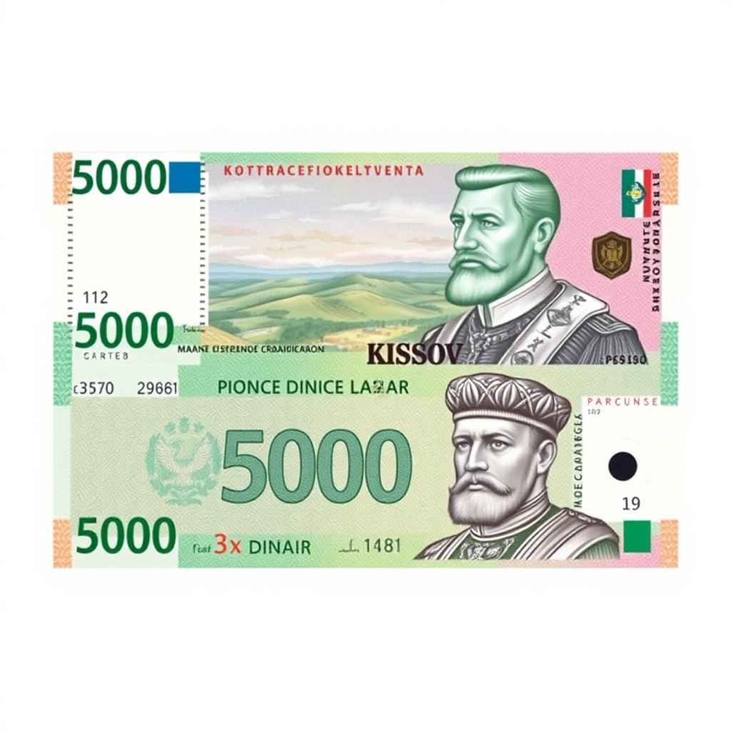 A 5,000 dinar banknote designed in striking green and pink colors