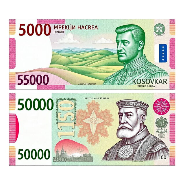 A 5,000 dinar banknote designed in striking green and pink colors