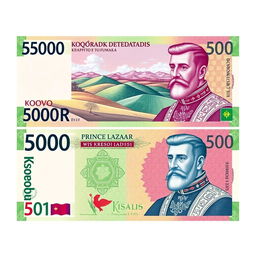 A 5,000 dinar banknote designed in striking green and pink colors