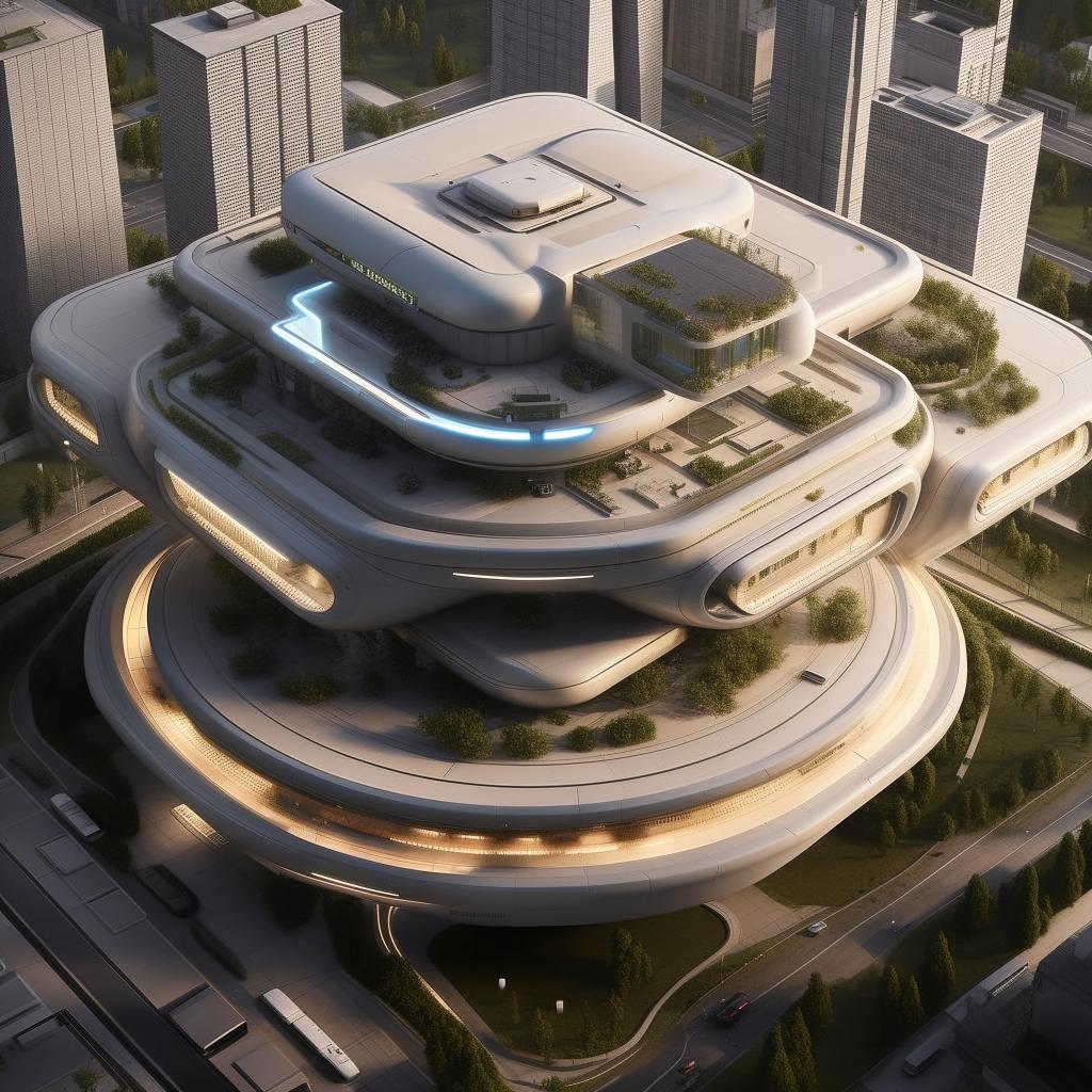 aerial view of futuristic SWAT high-rise headquarters with helipad for in city center in broad daylight based on https://files.dreamhome.software/files/static/36651