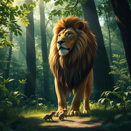 A majestic lion with a flowing mane stands regally in a lush green forest, surrounded by tall trees and vibrant foliage