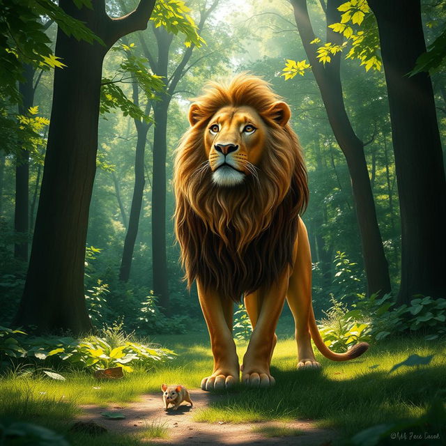 A majestic lion with a flowing mane stands regally in a lush green forest, surrounded by tall trees and vibrant foliage