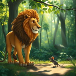 A majestic lion with a flowing mane stands regally in a lush green forest, surrounded by tall trees and vibrant foliage