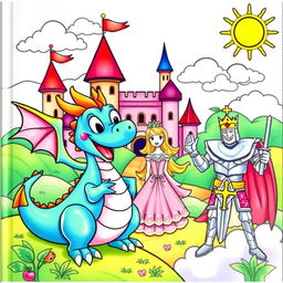A vibrant and colorful cover for a children's coloring book featuring a whimsical medieval scene filled with friendly dragons, charming kings, beautiful princesses, and brave knights