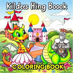 A vibrant and colorful cover for a children's coloring book featuring a whimsical medieval scene filled with friendly dragons, charming kings, beautiful princesses, and brave knights