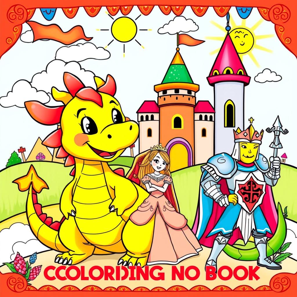 A vibrant and colorful cover for a children's coloring book featuring a whimsical medieval scene filled with friendly dragons, charming kings, beautiful princesses, and brave knights