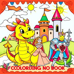 A vibrant and colorful cover for a children's coloring book featuring a whimsical medieval scene filled with friendly dragons, charming kings, beautiful princesses, and brave knights