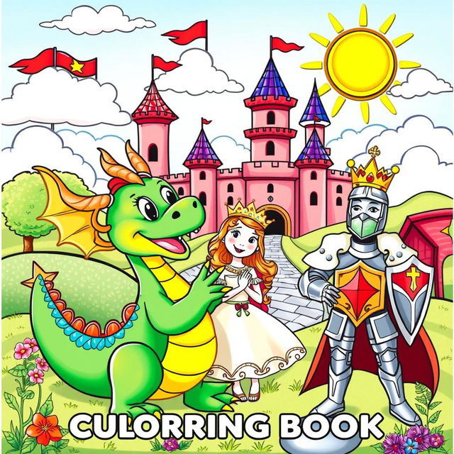 A vibrant and colorful cover for a children's coloring book featuring a whimsical medieval scene filled with friendly dragons, charming kings, beautiful princesses, and brave knights