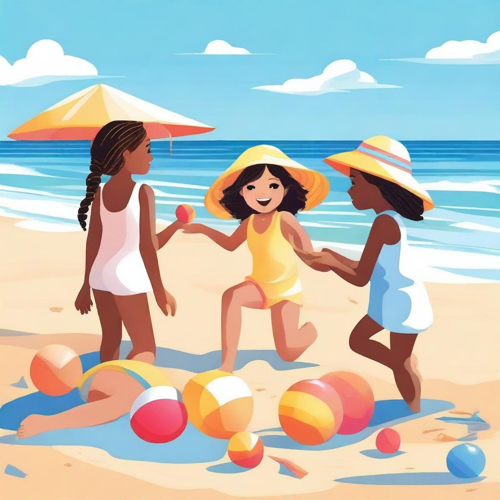 This is a vibrant, high-quality image depicting a group of girls enjoying a day at the beach