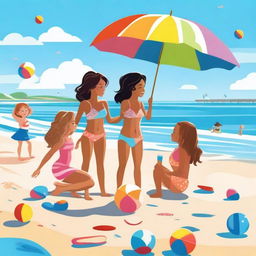 This is a vibrant, high-quality image depicting a group of girls enjoying a day at the beach