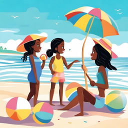 This is a vibrant, high-quality image depicting a group of girls enjoying a day at the beach