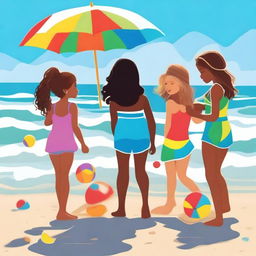 This is a vibrant, high-quality image depicting a group of girls enjoying a day at the beach