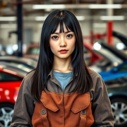 A 27-year-old woman with straight black hair that falls to her shoulders, exuding a confident demeanor