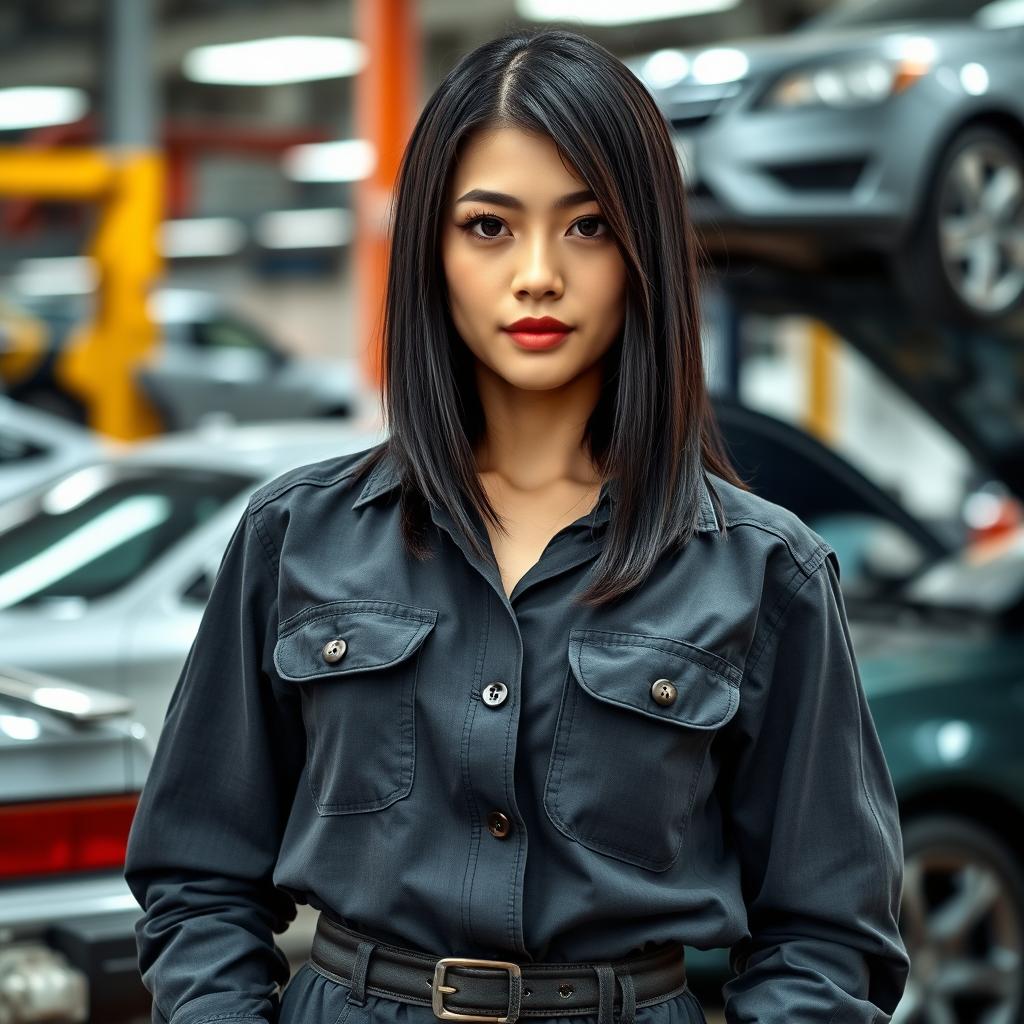 A 27-year-old woman with straight black hair that falls to her shoulders, exuding a confident demeanor