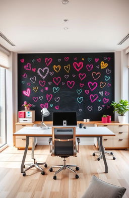 A contemporary office interior designed by an architect, featuring playful design elements inspired by a school classroom