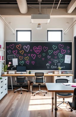 A contemporary office interior designed by an architect, featuring playful design elements inspired by a school classroom