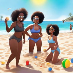 This is a high-quality, realistic photo of a group of black girls engaged in various beach activities