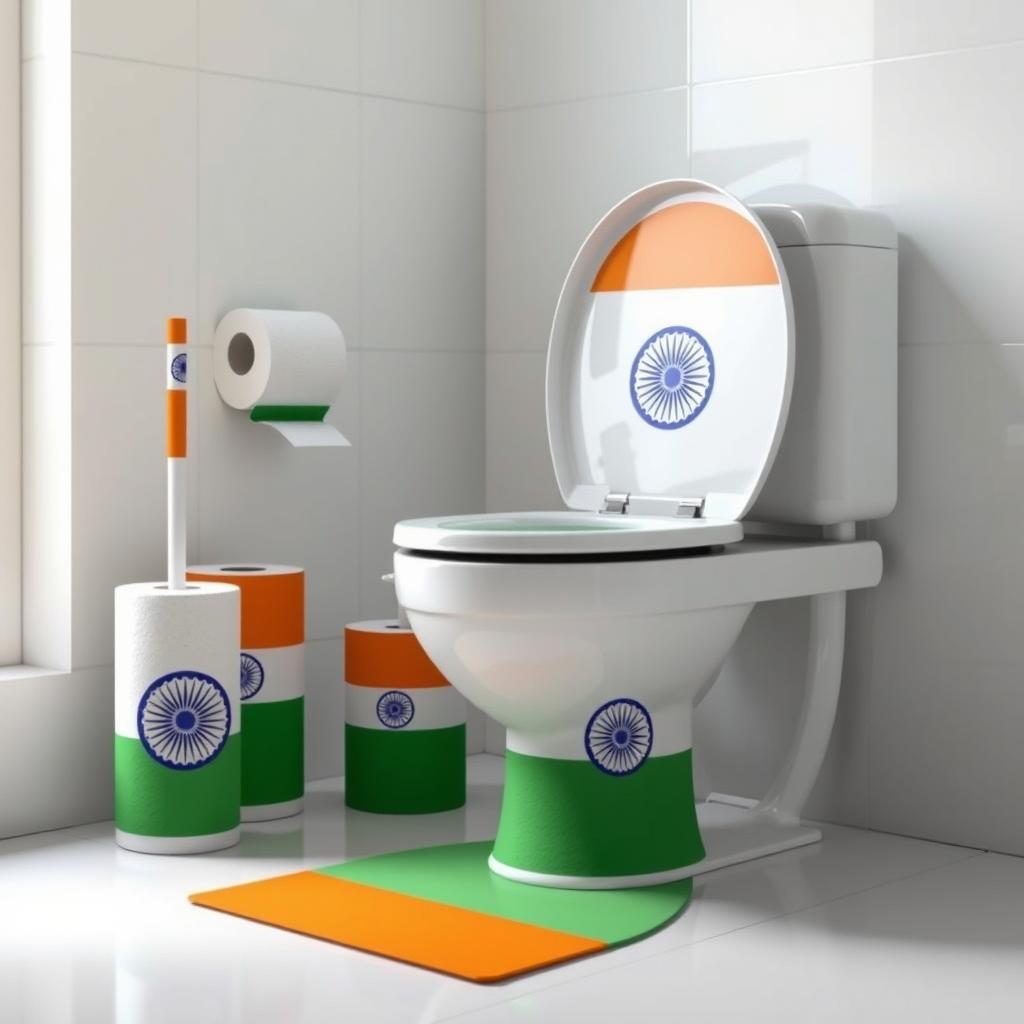 A creative and artistic representation of various toilet-related objects designed to look like the national flags of India