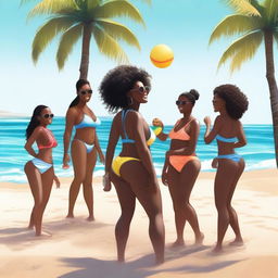 This is a high-quality, realistic photo of a group of black girls engaged in various beach activities