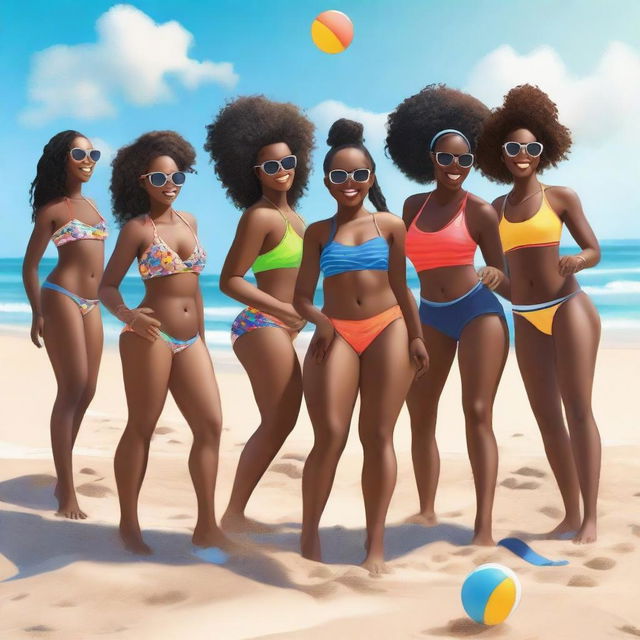 This is a high-quality, realistic photo of a group of black girls engaged in various beach activities