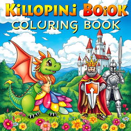 A vibrant and colorful cover for a children's coloring book showcasing a delightful medieval scene filled with adorable dragons, charming kings, beautiful princesses, and valiant knights