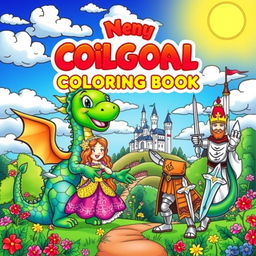 A vibrant and colorful cover for a children's coloring book showcasing a delightful medieval scene filled with adorable dragons, charming kings, beautiful princesses, and valiant knights