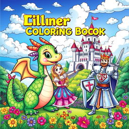 A vibrant and colorful cover for a children's coloring book showcasing a delightful medieval scene filled with adorable dragons, charming kings, beautiful princesses, and valiant knights