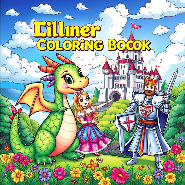 A vibrant and colorful cover for a children's coloring book showcasing a delightful medieval scene filled with adorable dragons, charming kings, beautiful princesses, and valiant knights