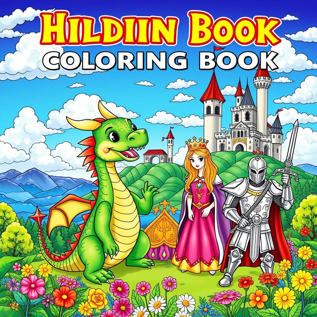 A vibrant and colorful cover for a children's coloring book showcasing a delightful medieval scene filled with adorable dragons, charming kings, beautiful princesses, and valiant knights