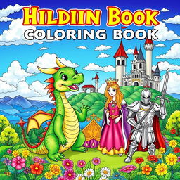 A vibrant and colorful cover for a children's coloring book showcasing a delightful medieval scene filled with adorable dragons, charming kings, beautiful princesses, and valiant knights