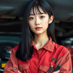 A 27-year-old Korean woman with straight black hair that falls to her shoulders and black slant eyes