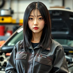 A 27-year-old Korean woman with straight black hair that falls to her shoulders and black slant eyes