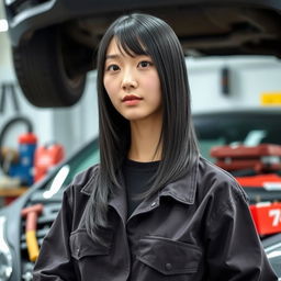 A 27-year-old Korean woman with straight black hair that falls to her shoulders and black slant eyes