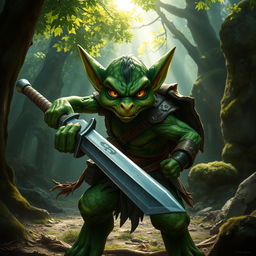 A fierce green-skinned Kobold fighter in an intense battle-ready pose, gripping a large, glimmering greatsword with both hands