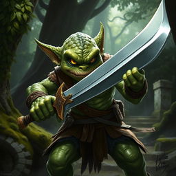 A fierce green-skinned Kobold fighter in an intense battle-ready pose, gripping a large, glimmering greatsword with both hands