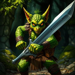 A fierce green-skinned Kobold fighter in an intense battle-ready pose, gripping a large, glimmering greatsword with both hands