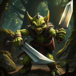 A fierce green-skinned Kobold fighter in an intense battle-ready pose, gripping a large, glimmering greatsword with both hands