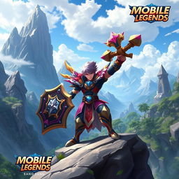A heroic character inspired by the champions of Mobile Legends: Bang Bang, featuring vibrant armor adorned with detailed engravings, a mystical shield in one hand and a magical staff in the other