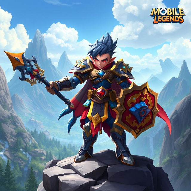 A heroic character inspired by the champions of Mobile Legends: Bang Bang, featuring vibrant armor adorned with detailed engravings, a mystical shield in one hand and a magical staff in the other
