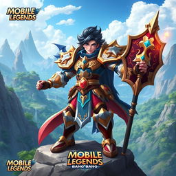 A heroic character inspired by the champions of Mobile Legends: Bang Bang, featuring vibrant armor adorned with detailed engravings, a mystical shield in one hand and a magical staff in the other