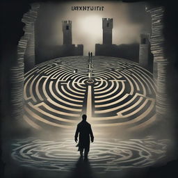 A high-quality digital art depicting a dark and eerie labyrinth with twisting pathways and towering stone walls