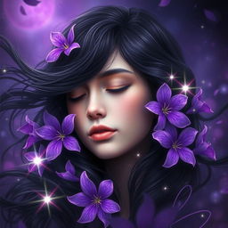 A fantastical artistic representation of a young woman, featuring flowing dark, wavy hair elegantly surrounding her