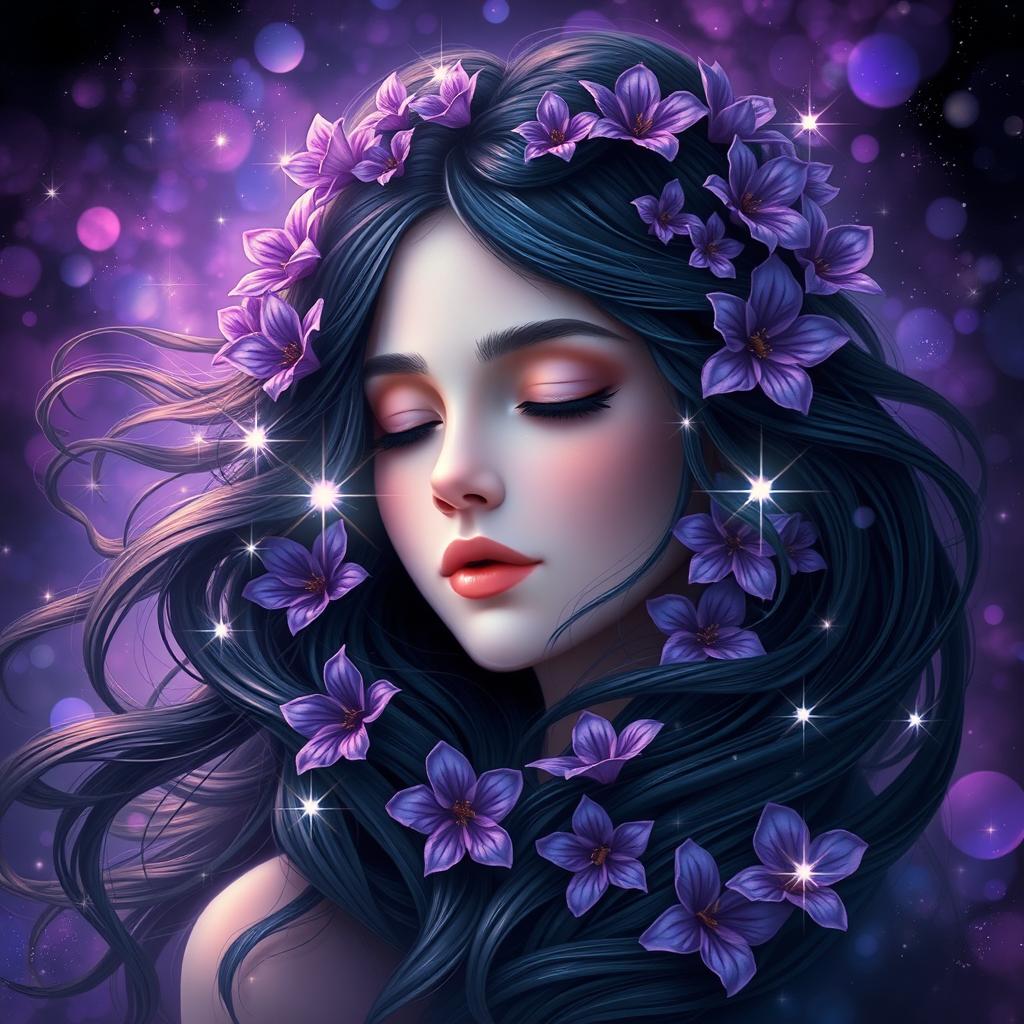 A fantastical artistic representation of a young woman, featuring flowing dark, wavy hair elegantly surrounding her