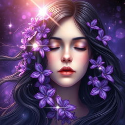 A fantastical artistic representation of a young woman, featuring flowing dark, wavy hair elegantly surrounding her