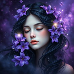 A fantastical artistic representation of a young woman, featuring flowing dark, wavy hair elegantly surrounding her