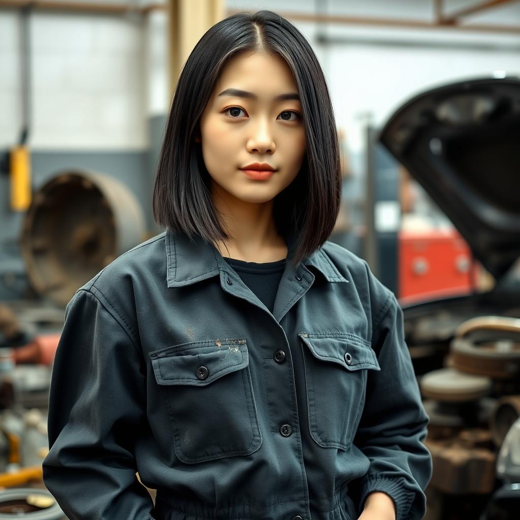 A 27-year-old Korean woman with straight black hair that falls to her shoulders, styled practically as she works in a car repair shop