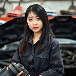 A 27-year-old Korean woman with straight black hair that falls to her shoulders, styled practically as she works in a car repair shop