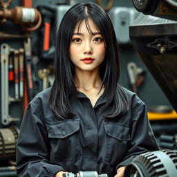 A 27-year-old Korean woman with straight black hair that falls to her shoulders, styled practically as she works in a car repair shop
